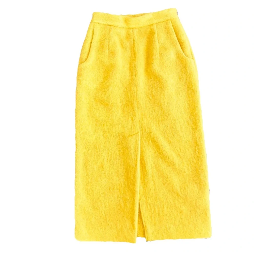 Korean Style Yellow Fuzzy Mohair Skirt Size XS Midi Pencil Skirt Pocket - Picture 3 of 9